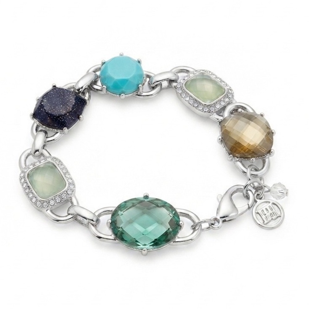 Dana Buchman Multi Gemstone Silver Tone Link Bracelet Pave Accents Logo Charm